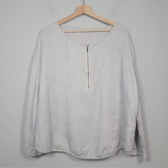 Eileen Fisher M Linen Striped Zip Top Roll Tab Sleeve Blouse - Picture 1 of 11